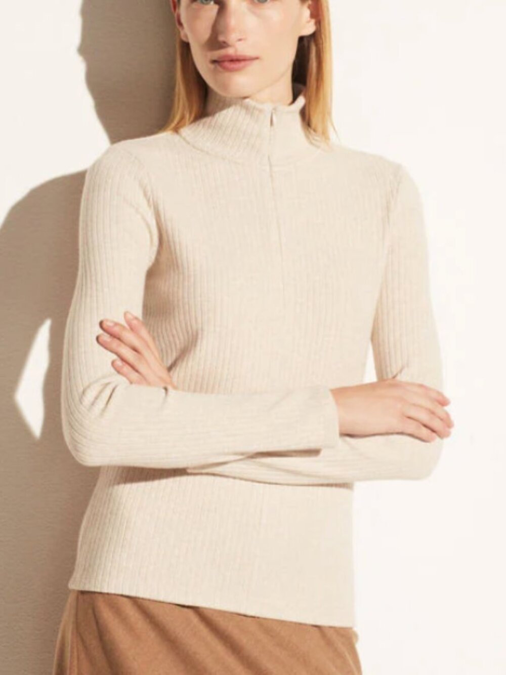 Vince Ribbed Half Zip Turtleneck in Heather Dark Ivory - Size M - Picture 2 of 14